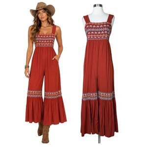 Natural Life | Rust Red Orange Embroidered Floral Boho Wide Leg Jumpsuit Small